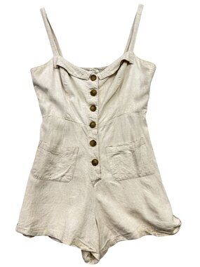 Urban Outfitters Womens Billie Button-Front Linen Romper Sleeveless Size M Beige